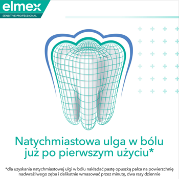 Reklama pasty Elmex Sensitive z ilustracją zęba chronionego i hasłem "Natychmiastowa ulga w bólu".
