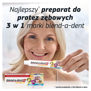 Uśmiechnięta kobieta prezentuje krem mocujący Blend-a-dent Ultimate do protez zębowych, z napisem 3 w 1.