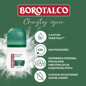 Borotalco Original antyperspirant roll-on 48h z Active Vegetalc, biała butelka z zieloną zakrętką, na zielonym tle.