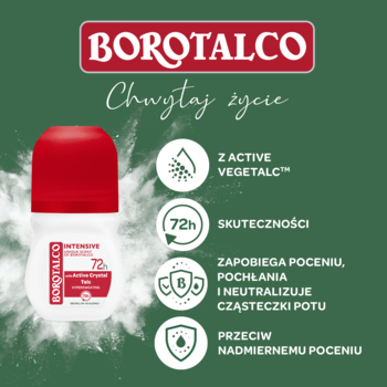 Borotalco Intensive antyperspirant roll-on 72h, biała butelka z czerwoną nakrętką, na zielonym tle, widok pod kątem.