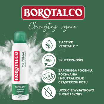 Borotalco Original Extra Dry, zielony antyperspirant w sprayu 48h z Active Vegetalc, widok z przodu na zielonym tle.