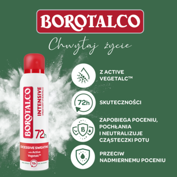 Biały antyperspirant Borotalco Intensive w sprayu z czerwoną nakrętką, widok z przodu, na ciemnozielonym tle, 72h ochrony.