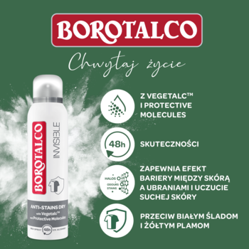 Biały antyperspirant Borotalco Invisible w sprayu, 48h ochrony, z Vegetalc, na ciemnozielonym tle.