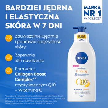 Biała butelka NIVEA Q10 Firming Body Lotion z pompką, hasło: jędrna skóra w 7 dni, Q10+Witamina C.