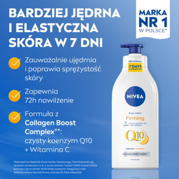NIVEA Q10 Ujędrniający balsam do ciała w białej butelce z pompką, widok z przodu, efekty w 7 dni.