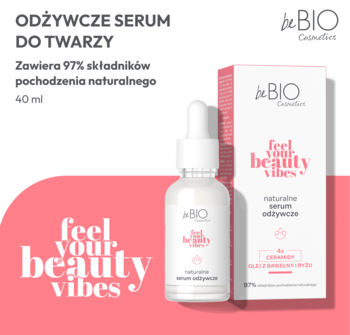 Odżywcze serum do twarzy beBIO Feel Your Beauty Vibes w białej butelce z pipetą i pudełku. Widok z przodu.