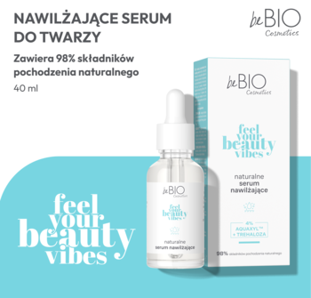 Serum BeBIO nawilżające do twarzy 40 ml z 98% naturalnych składników, butelka i pudełko z przodu.