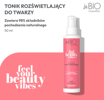 Tonik rozświetlający beBIO Feel Your Beauty Vibes 50 ml w białej butelce z różową etykietą, widok z przodu.