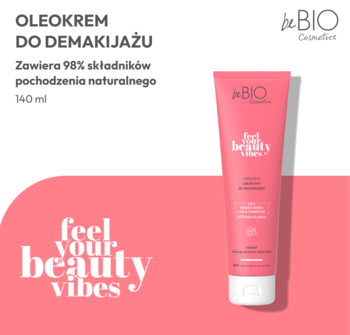 Różowy oleokrem do demakijażu beBIO w tubce, 140 ml, 98% naturalnych składników, widok z przodu.
