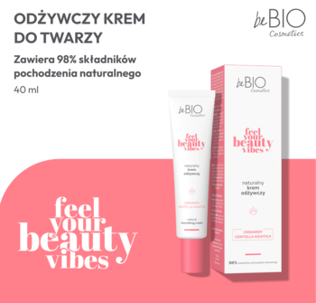 Tubka odżywczego kremu beBIO i opakowanie na różowo-białym tle. Widoczne napisy: „feel your beauty vibes”.