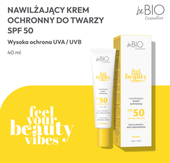 BeBIO nawilżający krem ochronny SPF 50, białe opakowania z żółtymi napisami, na biało-żółtym tle.