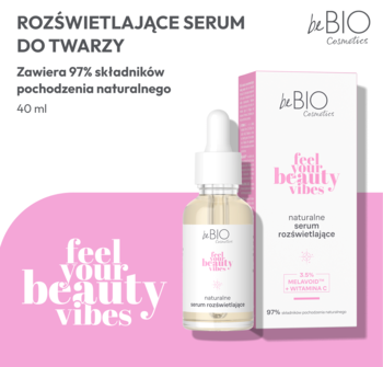 Serum rozświetlające beBIO w butelce z kroplomierzem i różowym opakowaniem, 97% składników naturalnych.