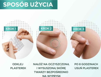Instrukcja użycia plastrów hydrokoloidowych Garnier Pure Active: odklej, nałóż na wyprysk, usuń po 8h.