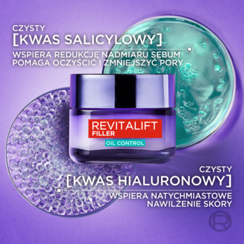 L'Oréal Revitalift Filler Oil Control, żel-krem z kwasem salicylowym i hialuronowym, na tle laboratoryjnych cieczy.