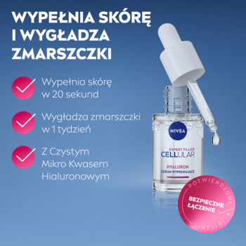 NIVEA Cellular Expert Filler Hyaluron Serum, butelka z pipetą. Widok z przodu. Błękitne tło z napisami o wypełnianiu zmarszczek.