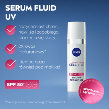 Biała butelka Nivea Cellular Expert Filler Daily UV Serum Fluid SPF 50+ z pompką, widok z przodu na tle opisu korzyści.