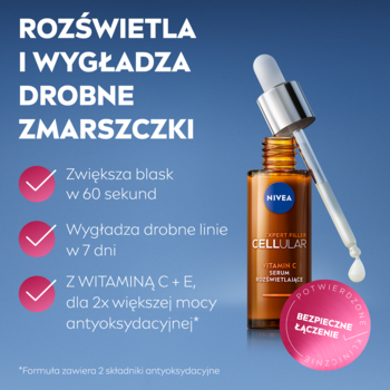 NIVEA Cellular Vitamin C Serum w brązowej butelce z zakraplaczem, obietnice blasku i redukcji zmarszczek na niebieskim tle.