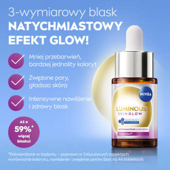 Serum NIVEA LUMINOUS SKIN GLOW w brązowej butelce z pipetą, na niebieskim tle z listą korzyści produktu.
