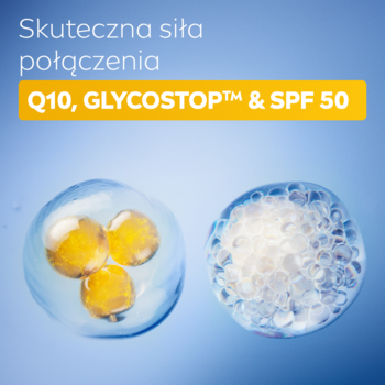 Grafika NIVEA Q10 Daily UV Fluid SPF 50. Q10 i GLYCOSTOP™ w sferach na niebieskim tle, hasło: Skuteczna siła połączenia.