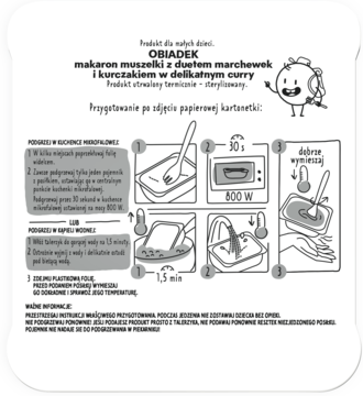 Front opakowania obiadu BoboVita Makaron muszelki z kurczakiem i marchewką curry dla dzieci, instrukcje i rysunek.