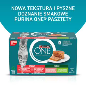PURINA ONE Sterilcat ,karma pełnoporcjowa mokra dla wysterylizowanych kotów pasztety gotowane na parze, z łososiem i marchewką oraz z indykiem i szpinakiem,rich-content-1