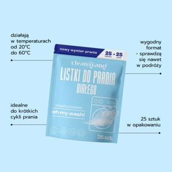 Jasnoniebieska saszetka Cleangang Listki do prania białego, 25 szt., idealne do krótkich cykli i podróży, 20-60°C.