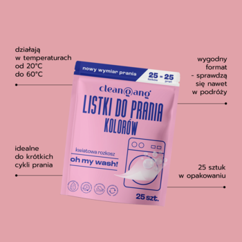 Różowa saszetka Clean@ang Listki do prania kolorów Oh My Wash!, 25 sztuk, z ikoną pralki, widok z przodu.