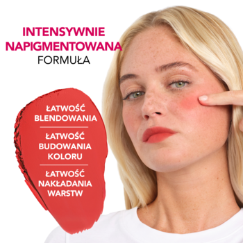 Kobieta prezentuje Bourjois Macaron Melt Lip & Cheek Flush Peach Tatin na policzku, z opisem intensywnej pigmentacji.
