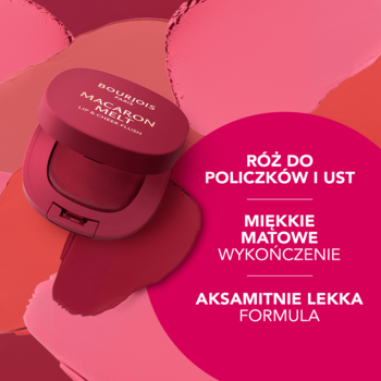 Bourjois Macaron Melt, matowy róż do policzków i ust w bordowym kompakcie, na tle różowych pociągnięć.