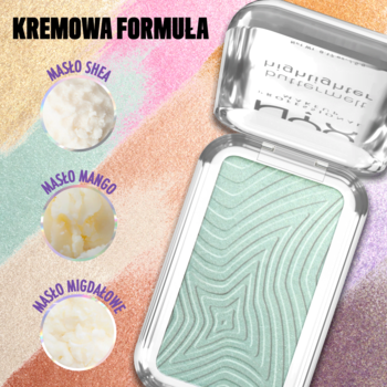 NYX Buttermelt Highlighter Butta Mint, otwarty kompakt. Miętowa tafla z falistym wzorem. Wstawki z masłami shea, mango, migdałowym.