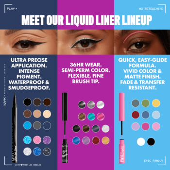 NYX Liquid Liner Lineup: promo graphic showing 3 eyeliners with features (waterproof, 36HR, vivid color) & swatches.