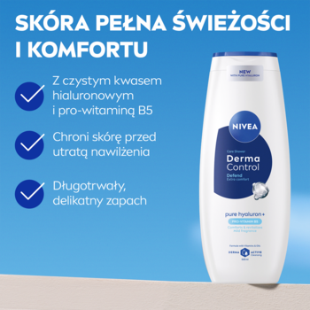 Biała butelka żelu pod prysznic NIVEA Derma Control z kwasem hialuronowym, chroni skórę przed wysuszeniem. Widok z przodu.