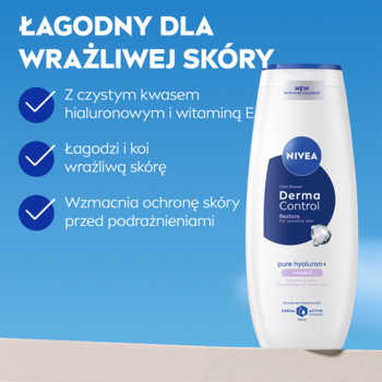Biała butelka żelu pod prysznic NIVEA Derma Control Restore z przodu, dla skóry wrażliwej z kwasem hialuronowym i witaminą E.