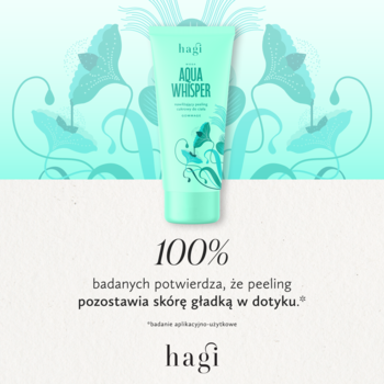 Peeling cukrowy Hagi Aqua Whisper w miętowej tubce z roślinnym wzorem, widok z przodu, zapewnia gładką skórę.