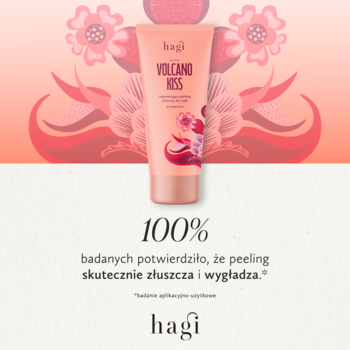 Hagi Volcano Kiss peeling cukrowy do ciała w brzoskwiniowej tubie z kwiatowym wzorem, złuszcza i wygładza.
