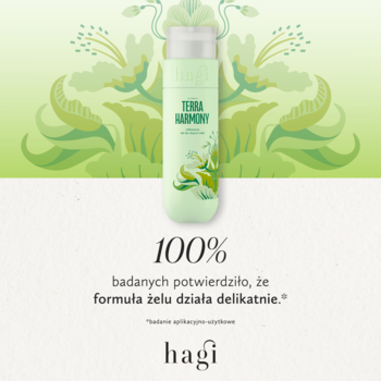Hagi Terra Harmony delikatny żel do ciała, jasnozielona butelka z białym korkiem na tle zielonych wzorów.