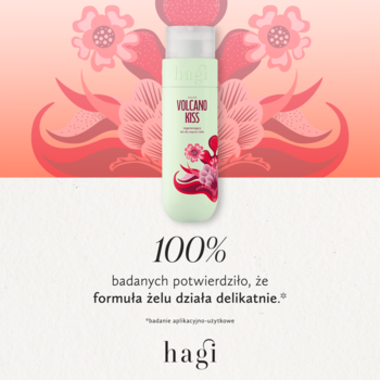 Hagi Volcano Kiss energizujący żel do mycia ciała, jasnozielona butelka z różowym wzorem, na różowym tle.