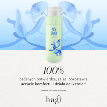 Zielony żel do mycia ciała Hagi Sky Grace z motywem kwiatowym, tekst o 100% zadowoleniu, widok z przodu.