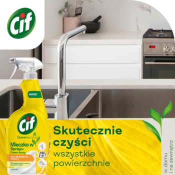 Uniwersalne mleczko Cif Greenactive Lemon w żółtej butelce z rozpylaczem, widok z przodu na tle kuchni.