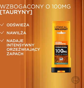 L'Oréal Men Expert Hydra Energetic żel pod prysznic z tauryną 100mg, odświeża, nawilża, intensywny zapach.