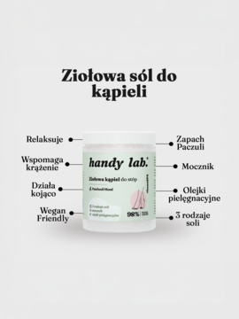 Ziołowa sól do kąpieli stóp handy lab. Patchouli Mood, biały słoik z zieloną etykietą, widok z przodu.