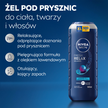 Butelka NIVEA MEN Fresh Relax żelu pod prysznic 3w1 500ml z olejkiem lawendowym, widok z przodu na niebieskim tle.