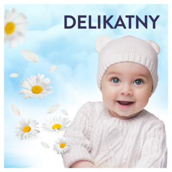 Lenor Fresh Air Sensitive płyn: uśmiechnięte niemowlę, biała czapka, stokrotki na tle błękitnego nieba. Napis "DELIKATNY".