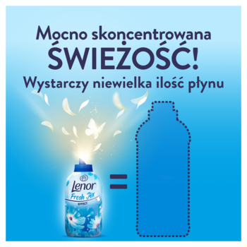 Butelka Lenor Fresh Air płynu do płukania, z której wylatują białe pióra, obok zarys dużej butelki. Symbolizuje skoncentrowaną świeżość.