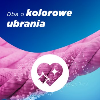 Grafika Coccolino Wonder Wash: 'Dba o kolorowe ubrania', różowa tkanina, białe serce z blaskiem na niebieskim tle.