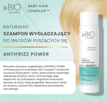 BeBIO szampon wygładzający Antifrizz Power do włosów puszących się, biała butelka z zieloną etykietą, widok z przodu.