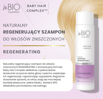 Biały szampon BeBio Regenerujący do włosów zniszczonych z Baby Hair Complex, na jasnym tle z blond włosami.