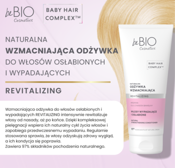 beBIO Revitalizing naturalna odżywka wzmacniająca do włosów, biała tubka z różowymi detalami, na jasnym tle blond włosów.
