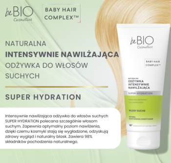 beBIO Super Hydration odżywka do włosów suchych, tubka z prawej na zielonym tle, z blond włosami.