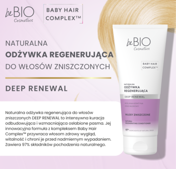 Biała tubka beBIO Deep Renewal regenerująca odżywka do włosów zniszczonych z Baby Hair Complex, widok z przodu.